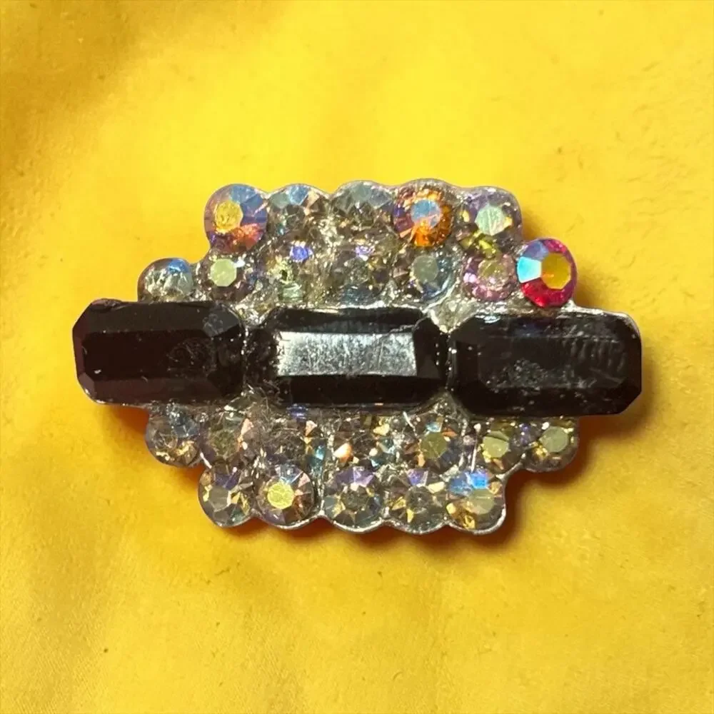 Vintage Aurora Borealis Rhinestone Bar Brooch Black Glass Atomic Mid Century